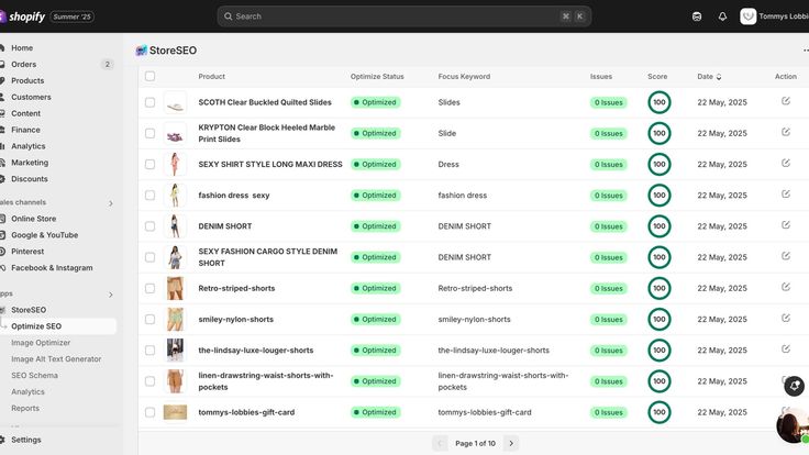 Shopify product SEO table showing products, focus keywords, optimization status, and issue counts